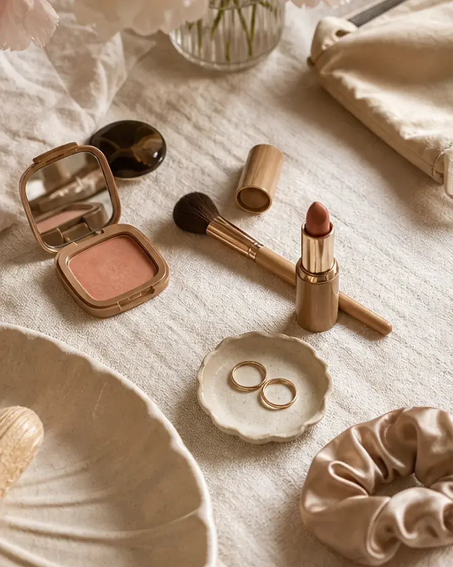 Makeup, flowers and accessories arranged on cream linen