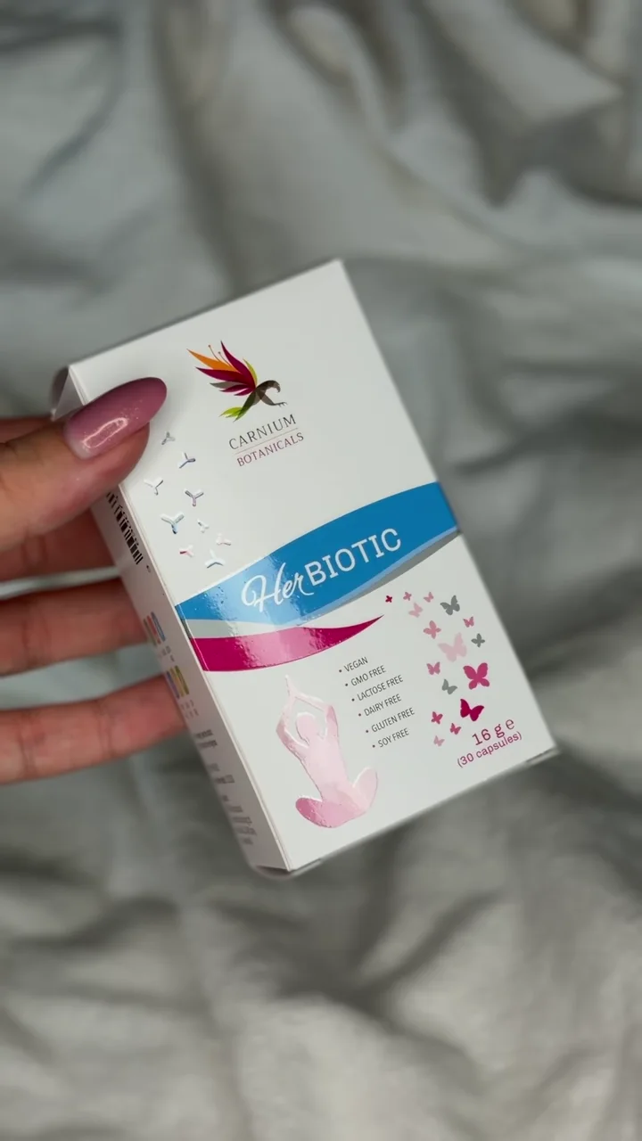 Close-up of Carnium Botanicals HerBiotic supplement packaging